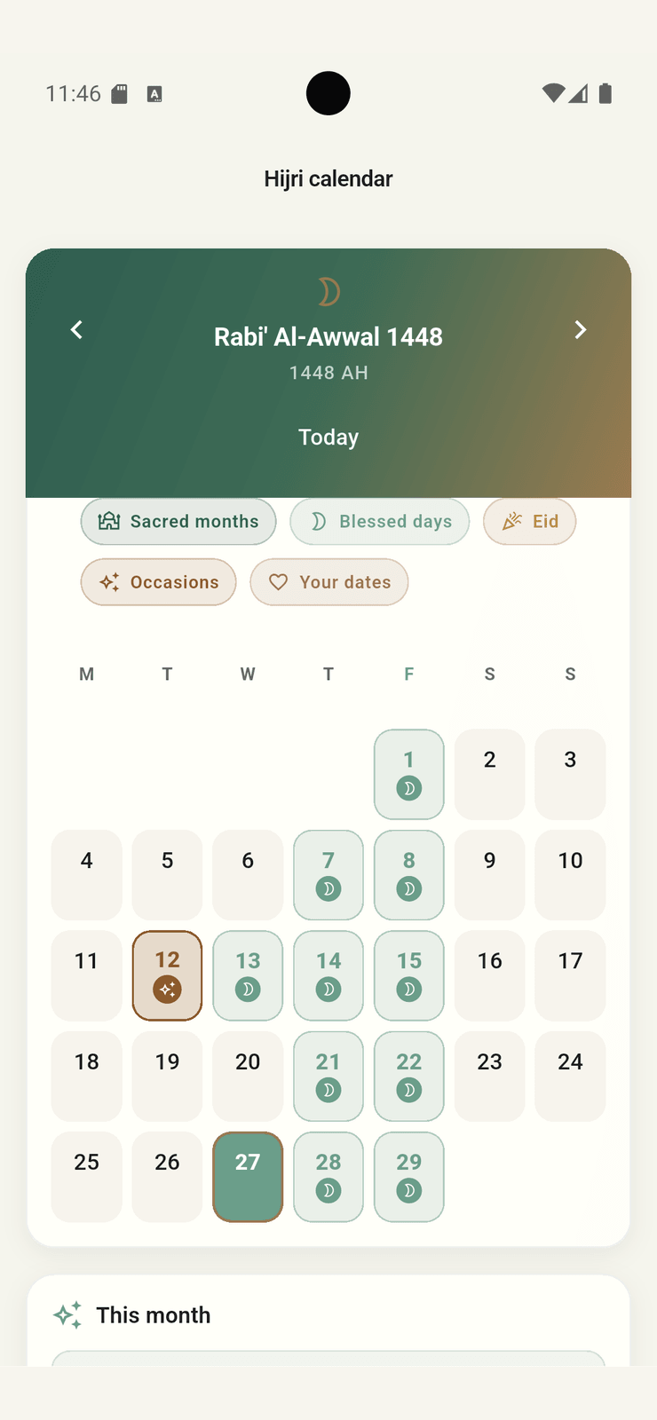 Calendar: Islamic dates and occasions in one clear view.